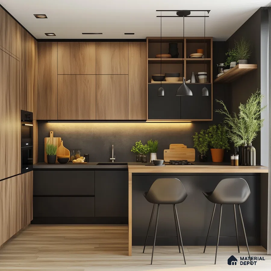 Minimalist Dark-Toned Kitchen with Wooden Accents and Integrated Lighting | Material Depot