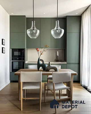 Minimalist Dining and Kitchen Combo with Sage Green Cabinets | Material Depot