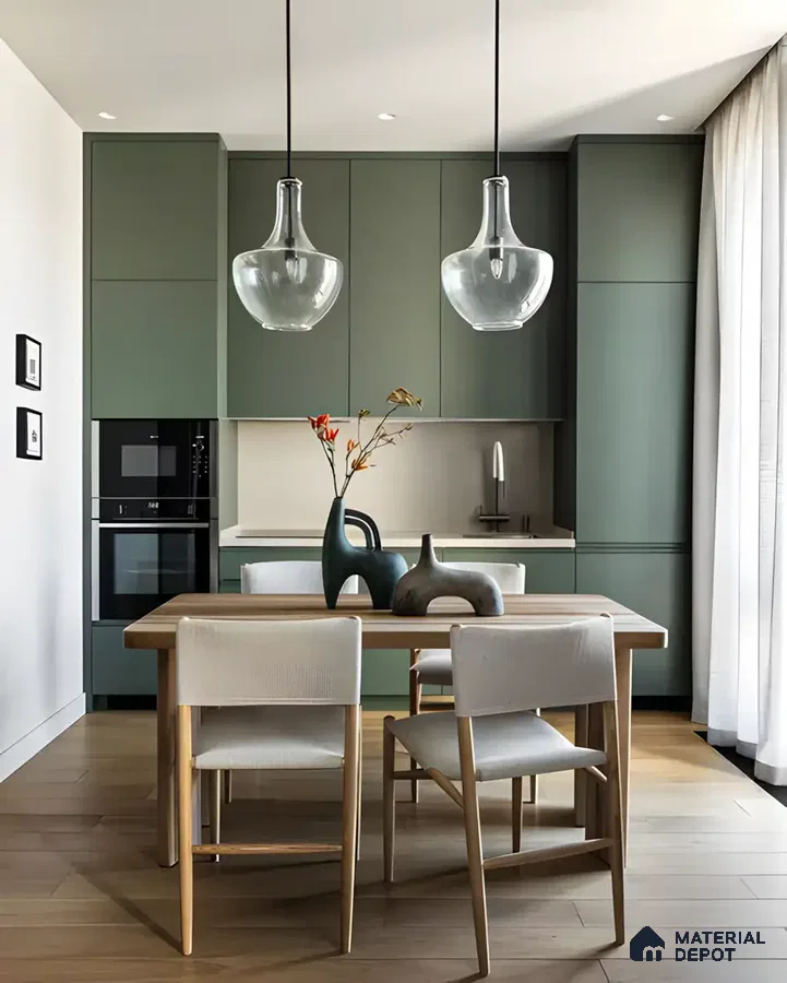 Minimalist Dining and Kitchen Combo with Sage Green Cabinets | Material Depot