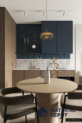 Minimalist Dining and Kitchen Space with Blue and Wood Accents | Material Depot