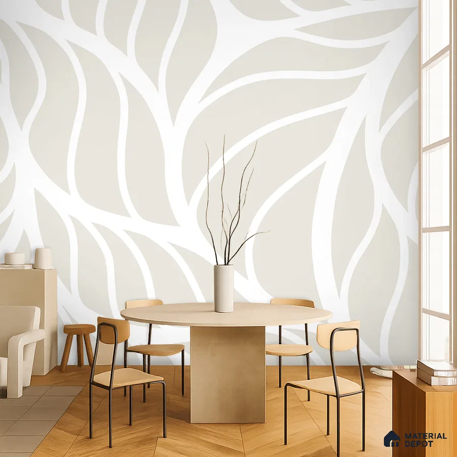 Minimalist dining room with abstract beige and white wallpaper and light wood chevron flooring in Bengaluru