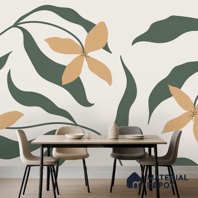 Minimalist dining room with abstract floral wallpaper and light wood table in Bengaluru