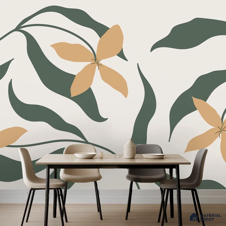 Minimalist dining room with abstract floral wallpaper and light wood table in Bengaluru