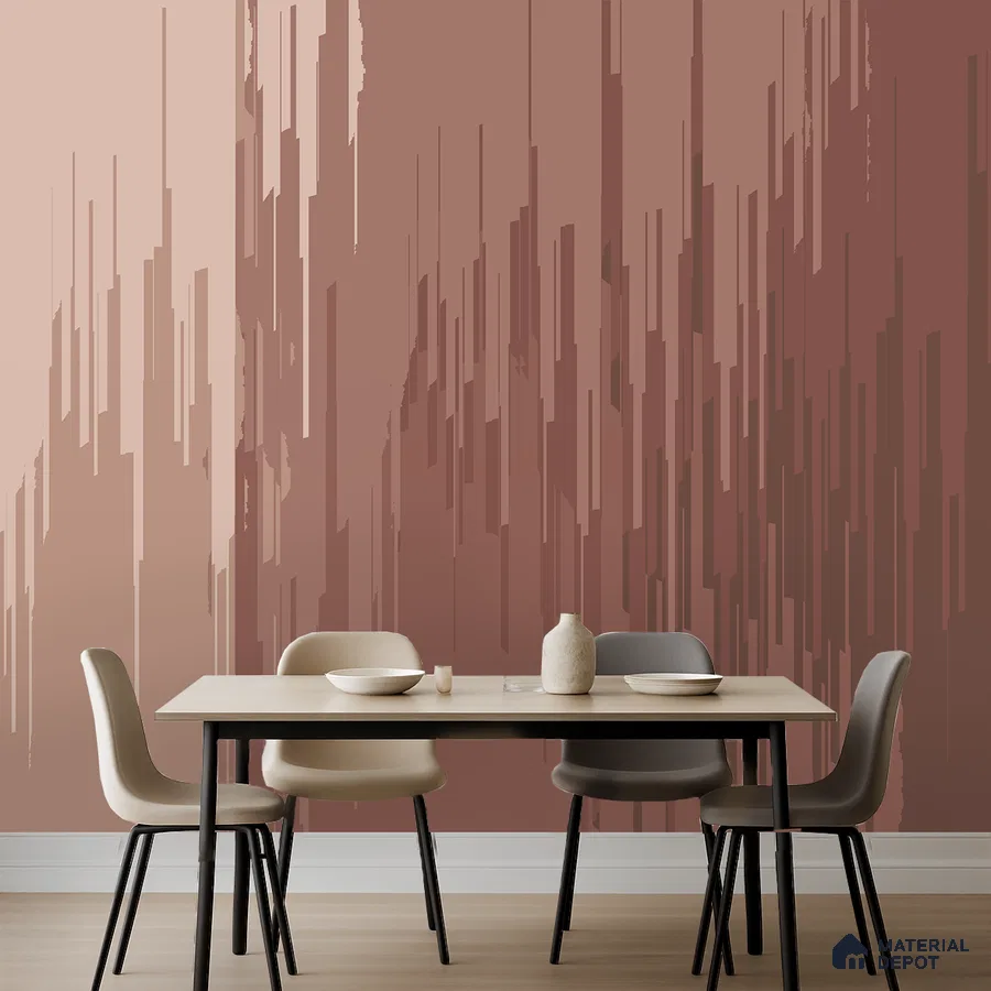 Minimalist dining room with abstract geometric wallpaper and light wood table in Bengaluru