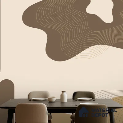 Minimalist dining room with abstract geometric wallpaper and matte dark wood dining table in Bengaluru