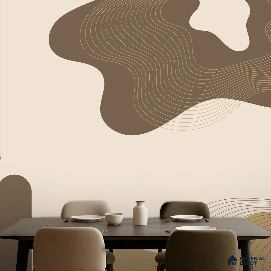 Minimalist dining room with abstract geometric wallpaper and matte dark wood dining table in Bengaluru