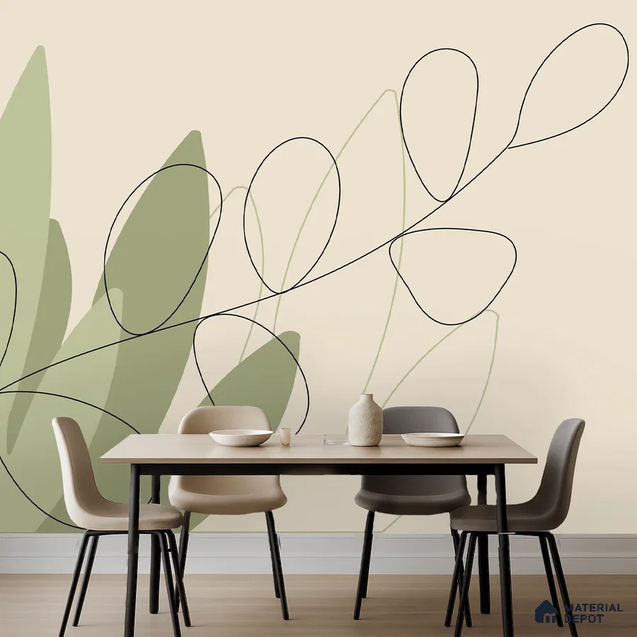 Minimalist dining room with abstract green and beige wallpaper and light wood table in Bengaluru