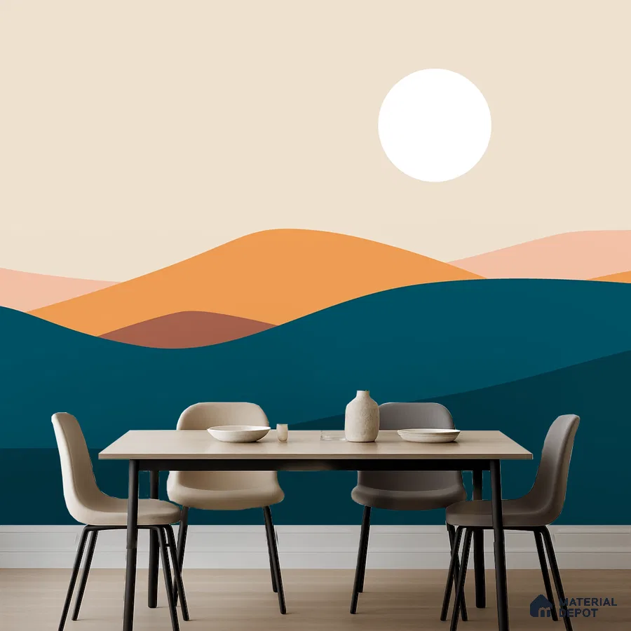 Minimalist dining room with abstract landscape wallpaper and light wood table in Bengaluru