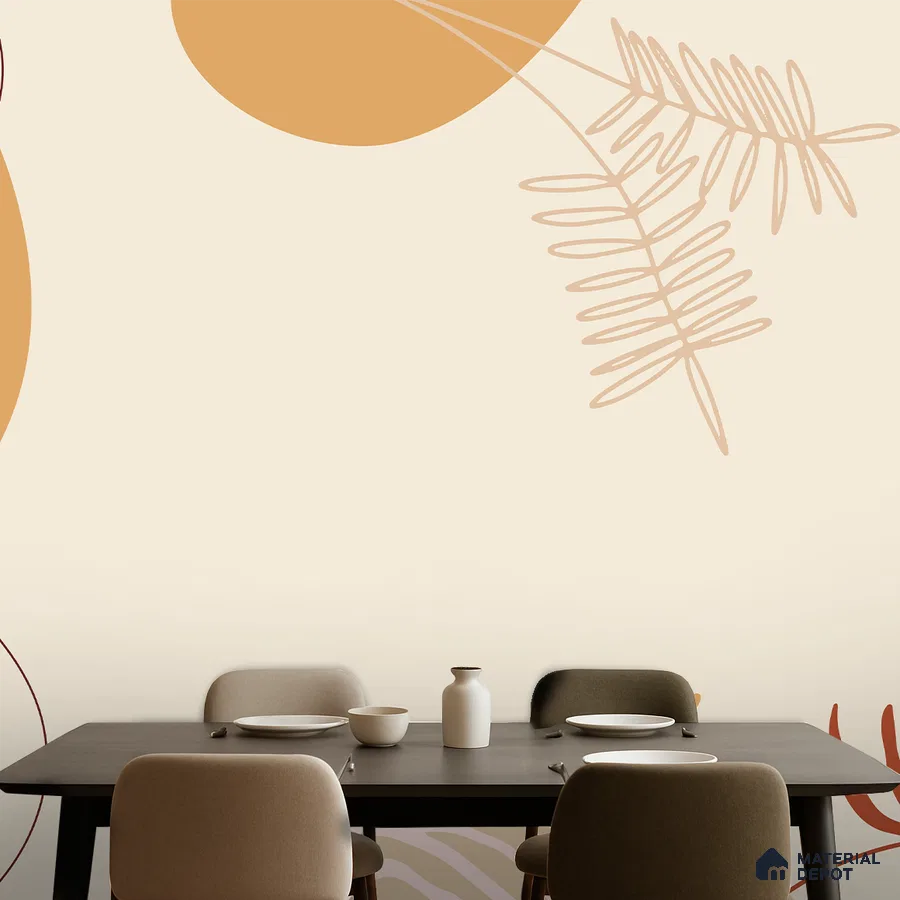 Minimalist dining room with abstract patterned wallpaper and matte black dining table in Bengaluru