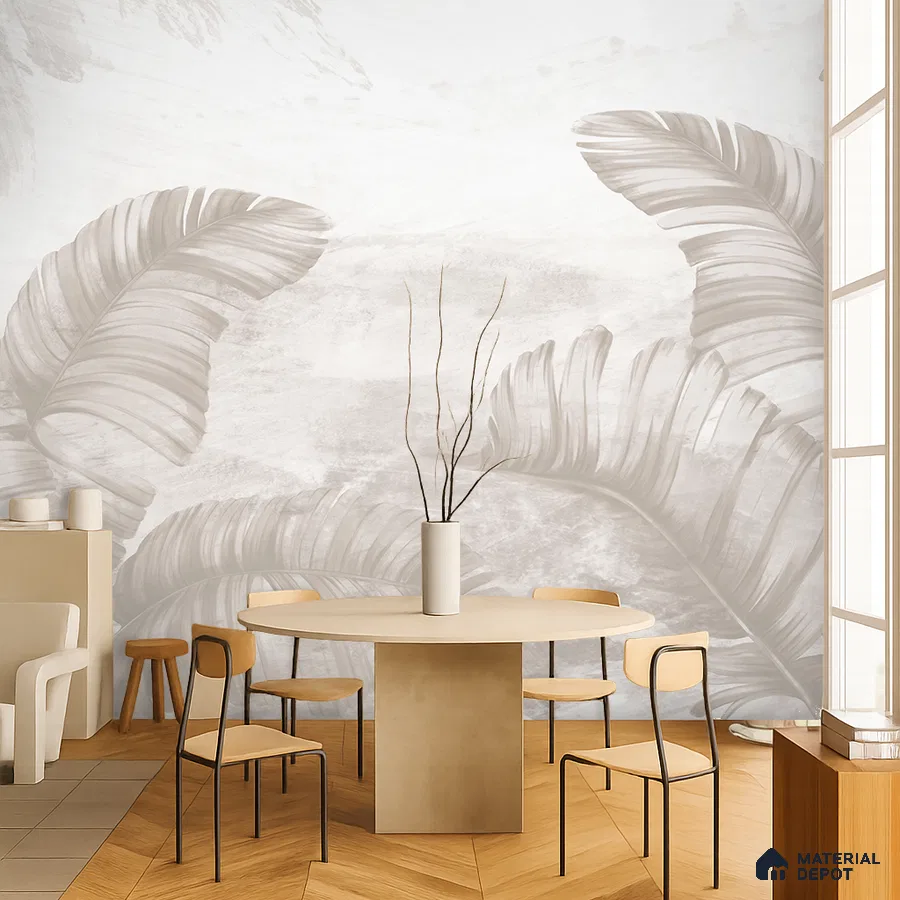 Minimalist dining room with beige patterned wallpaper and light wood chevron flooring in Bengaluru