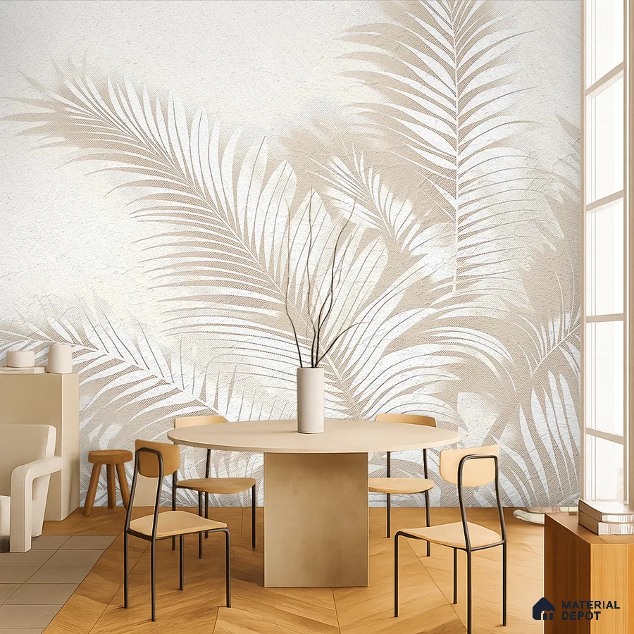 Minimalist dining room with beige tropical wallpaper and light wood chevron flooring in Bengaluru