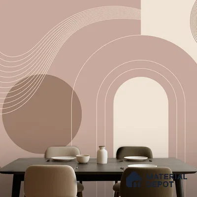 Minimalist dining room with geometric abstract wallpaper and taupe upholstered chairs in Bengaluru