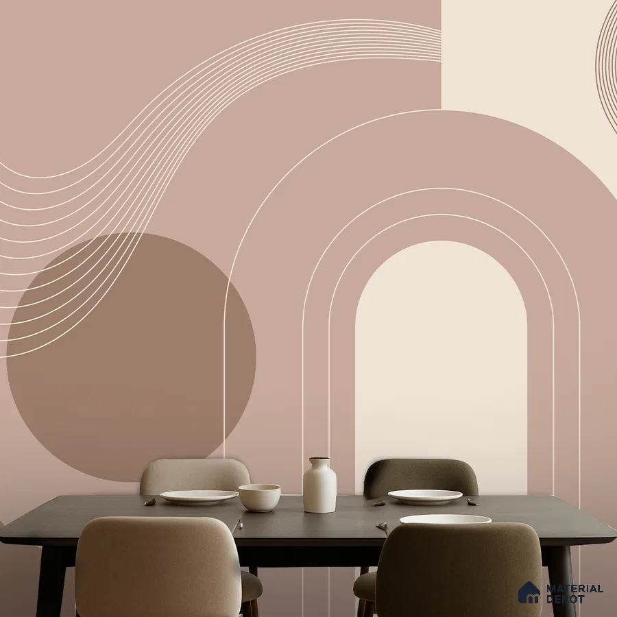 Minimalist dining room with geometric abstract wallpaper and taupe upholstered chairs in Bengaluru