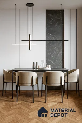 Minimalist dining room with marble accent in 3bhk apartment in Durga Petals Marathahalli Bengaluru | Material Depot