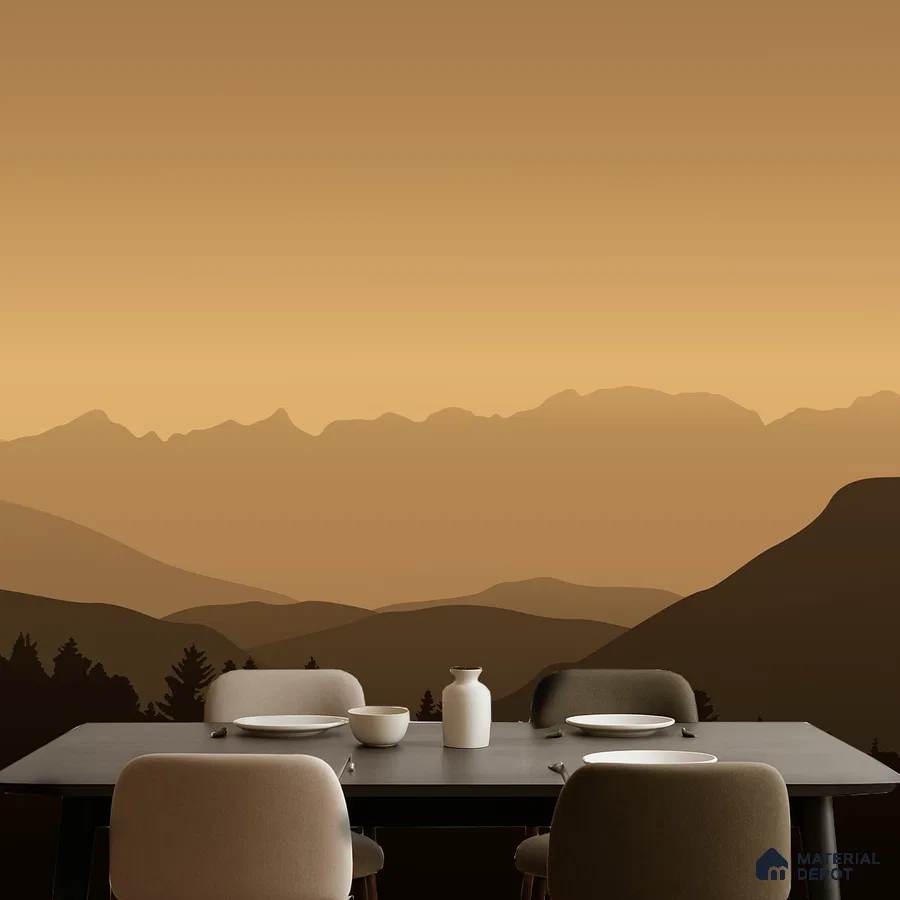 Minimalist dining room with matte black table and warm ochre nature wallpaper in Bengaluru