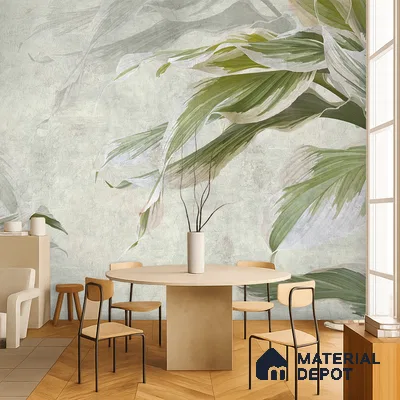 Minimalist dining room with tropical wallpaper and light wood chevron flooring in Bengaluru