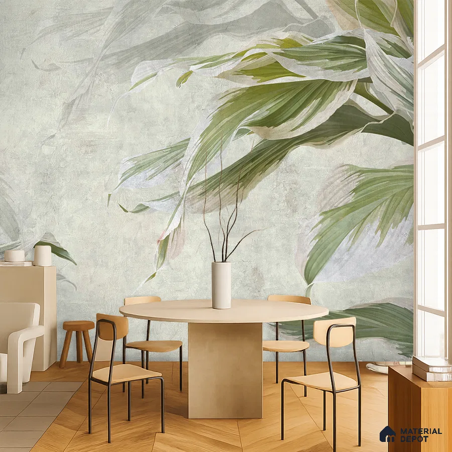 Minimalist dining room with tropical wallpaper and light wood chevron flooring in Bengaluru