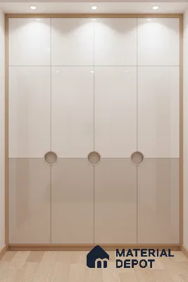 Minimalist dual tone high gloss wardrobe with frosty white and beige laminate and light oak wooden flooring in Bengaluru
