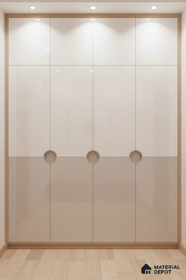 Minimalist dual tone high gloss wardrobe with frosty white and beige laminate and light oak wooden flooring in Bengaluru