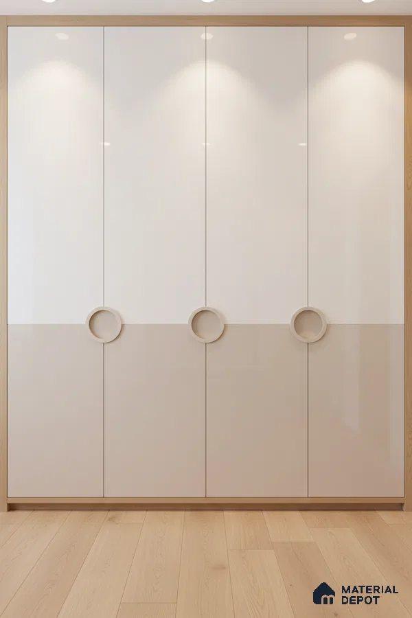 Minimalist dual tone wardrobe with frosty white and beige high gloss laminate and light oak wooden flooring in Bengaluru