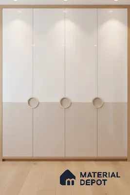 Minimalist dual tone wardrobe with frosty white and beige high gloss laminate and light oak wooden flooring in Bengaluru