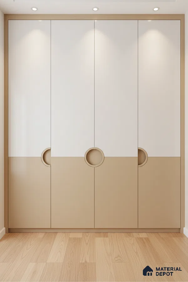 Minimalist dual tone wardrobe with frosty white and beige laminate, light oak wooden flooring in Bengaluru