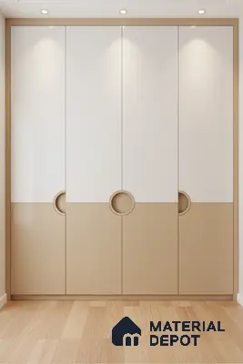 Minimalist dual tone wardrobe with frosty white and beige laminate, light oak wooden flooring in Bengaluru