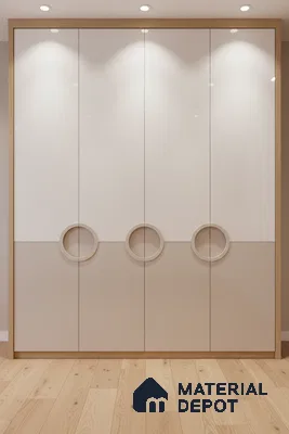 Minimalist dual tone wardrobe with frosty white and beige laminate, oak wood frame, and light wooden flooring in Bengaluru