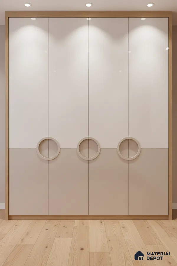 Minimalist dual tone wardrobe with frosty white and beige laminate, oak wood frame, and light wooden flooring in Bengaluru