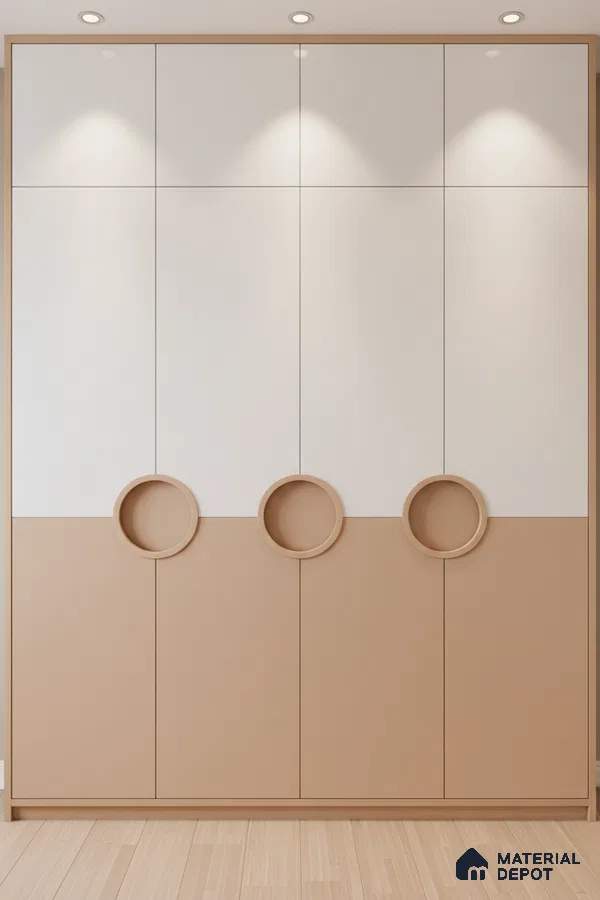 Minimalist dual tone wardrobe with frosty white and biscuit beige laminate and circular handles in Bengaluru