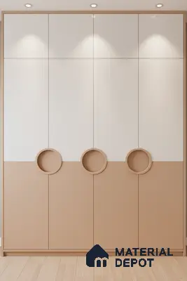 Minimalist dual tone wardrobe with frosty white and biscuit beige laminate and circular handles in Bengaluru