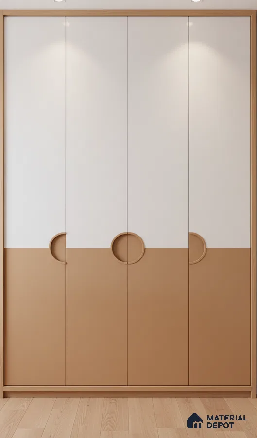 Minimalist dual tone wardrobe with frosty white and biscuit beige laminate shutters in Bengaluru