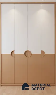 Minimalist dual tone wardrobe with frosty white and biscuit beige laminate shutters in Bengaluru