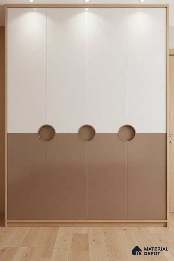 Minimalist dual tone wardrobe with frosty white and cappuccino brown laminate and light oak wooden flooring in Bengaluru