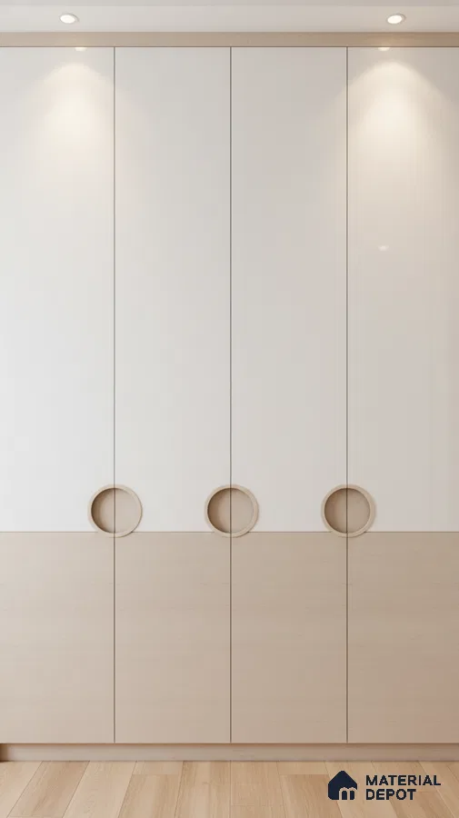 Minimalist dual tone wardrobe with frosty white and light oak laminate in bedroom in Bengaluru