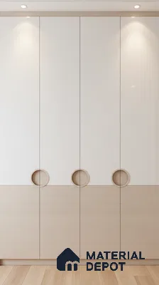 Minimalist dual tone wardrobe with frosty white and light oak laminate in bedroom in Bengaluru