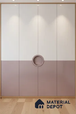 Minimalist dual tone wardrobe with frosty white and mauve laminate, circular handle, and light oak wooden flooring in Bengaluru