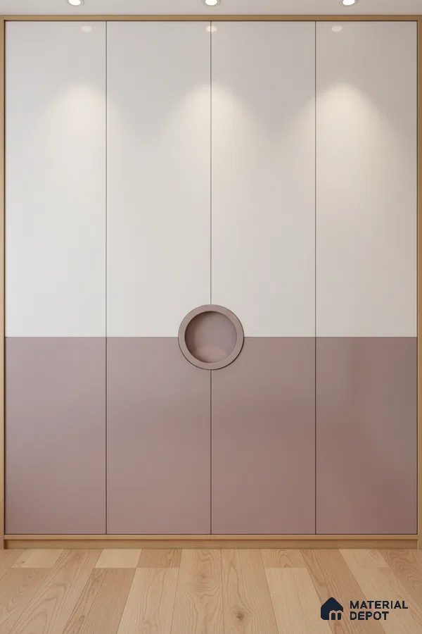 Minimalist dual tone wardrobe with frosty white and mauve laminate, circular handle, and light oak wooden flooring in Bengaluru