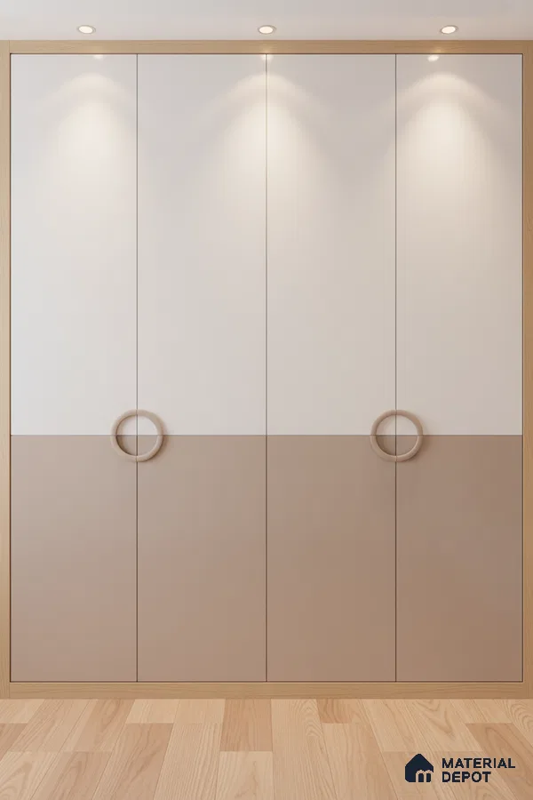Minimalist dual tone wardrobe with frosty white and taupe beige laminate and light oak wooden frame in Bengaluru