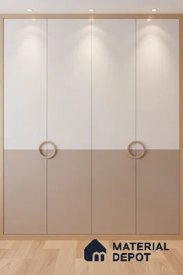 Minimalist dual tone wardrobe with frosty white and taupe beige laminate and light oak wooden frame in Bengaluru
