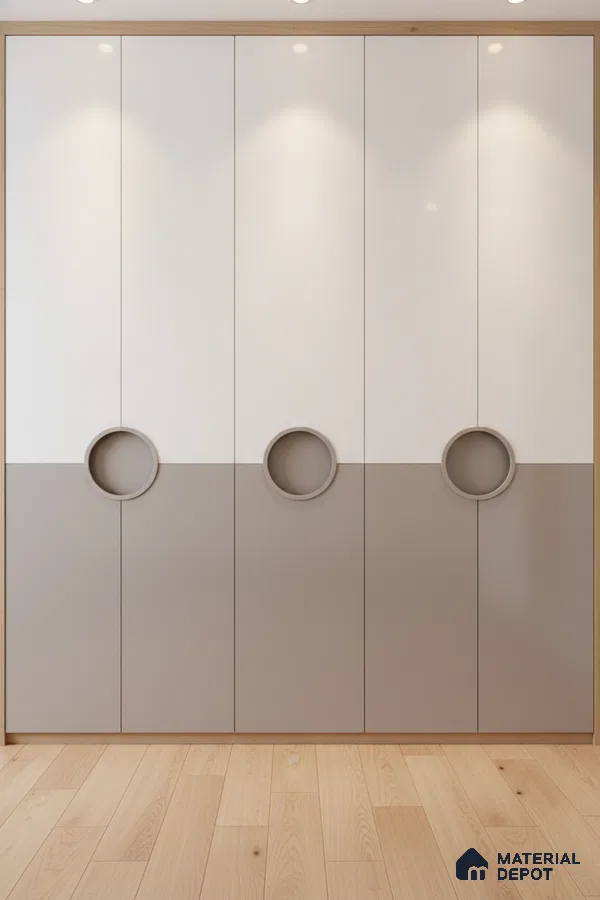 Minimalist dual tone wardrobe with frosty white and taupe laminate and light oak wooden flooring in Bengaluru
