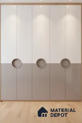 Minimalist dual tone wardrobe with frosty white and taupe laminate and light oak wooden flooring in Bengaluru