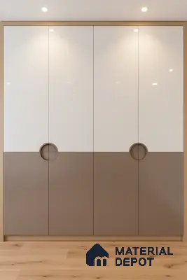 Minimalist dual tone wardrobe with frosty white and taupe laminate and light oak wooden flooring in Bengaluru