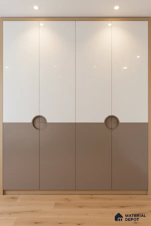 Minimalist dual tone wardrobe with frosty white and taupe laminate and light oak wooden flooring in Bengaluru