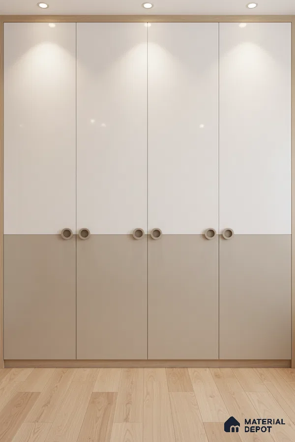 Minimalist dual tone wardrobe with frosty white and taupe laminate, light oak wooden flooring in Bengaluru