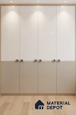 Minimalist dual tone wardrobe with frosty white and taupe laminate, light oak wooden flooring in Bengaluru