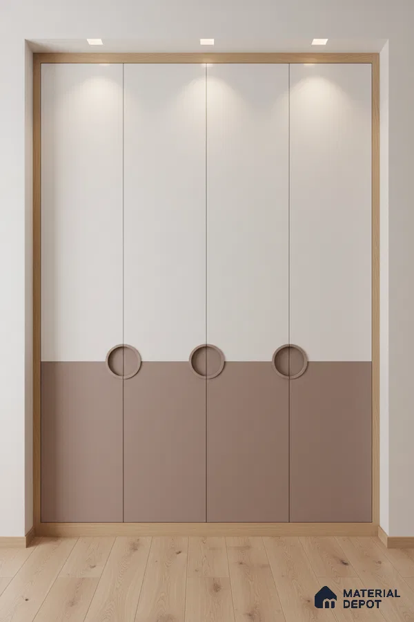 Minimalist dual tone wardrobe with frosty white and taupe laminate, oak wood framing, and light oak wooden flooring in Bengaluru