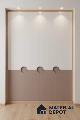 Minimalist dual tone wardrobe with frosty white and taupe laminate, oak wood framing, and light oak wooden flooring in Bengaluru