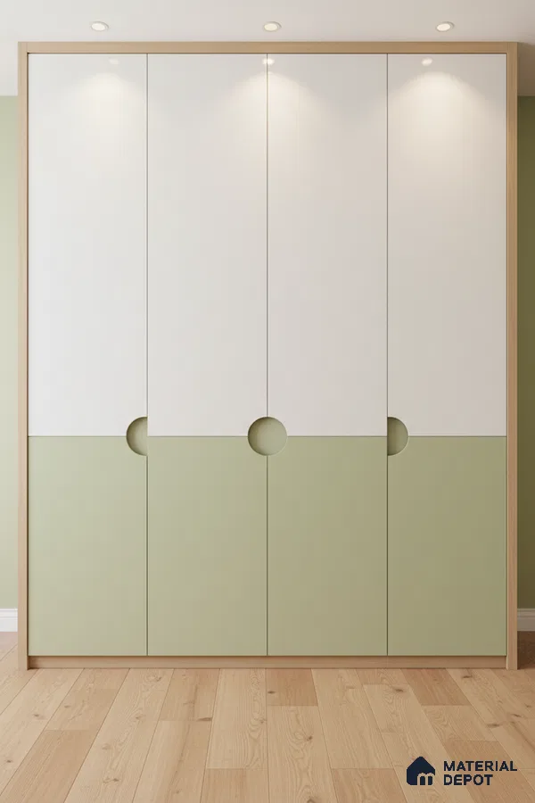 Minimalist dual tone wardrobe with sage green and frosty white laminate and light oak wooden flooring in Bengaluru