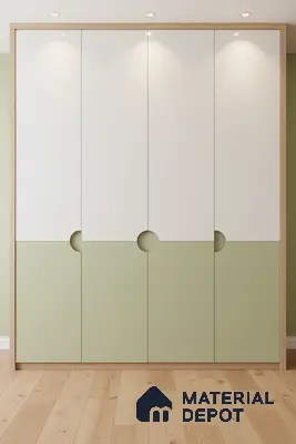 Minimalist dual tone wardrobe with sage green and frosty white laminate and light oak wooden flooring in Bengaluru